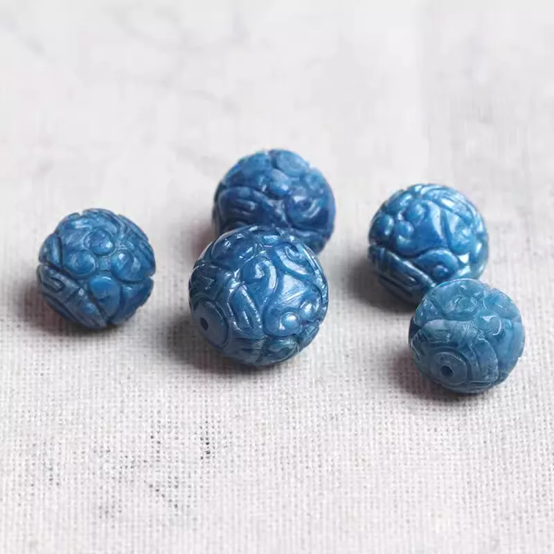 

1piece Kyanite blue round carved 10/12/14/16mm full hole wholesale for DIY jewelry LOOSE BEADS