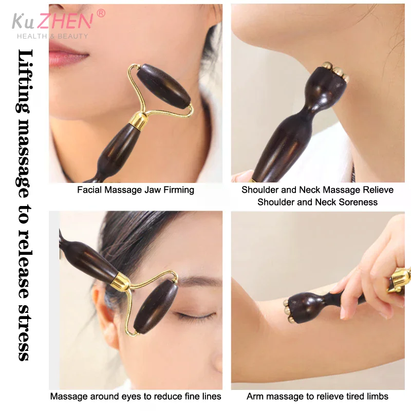 

Массажер-роллер из пурпурного сандалового дерева с лотосовым шариком, профессиональный латунный инструмент Гуаша для лица, расслабление глаз, воздействие на точечные меридианы