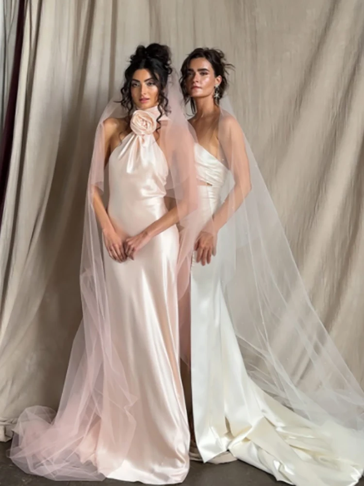 Feminino sexy flor halter fora do ombro cetim sem costas moda noite vestido longo verão luz luxo vestido de festa de casamento