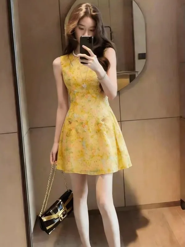 

Sweet Style Gradient Color Floral Print Sleeveless Dress Women's round Neck Waist-Cinching Slim Fit Vest Dress Summer Short S...