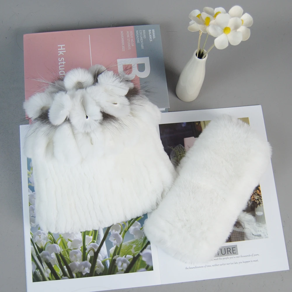 Knitted Women Warm Rex Rabbit Fur Hat Scarf Sets Winter Natural Rex Rabbit Fur Cap Scarves Russia Lady Fur Hats Muffler 2 Pieces
