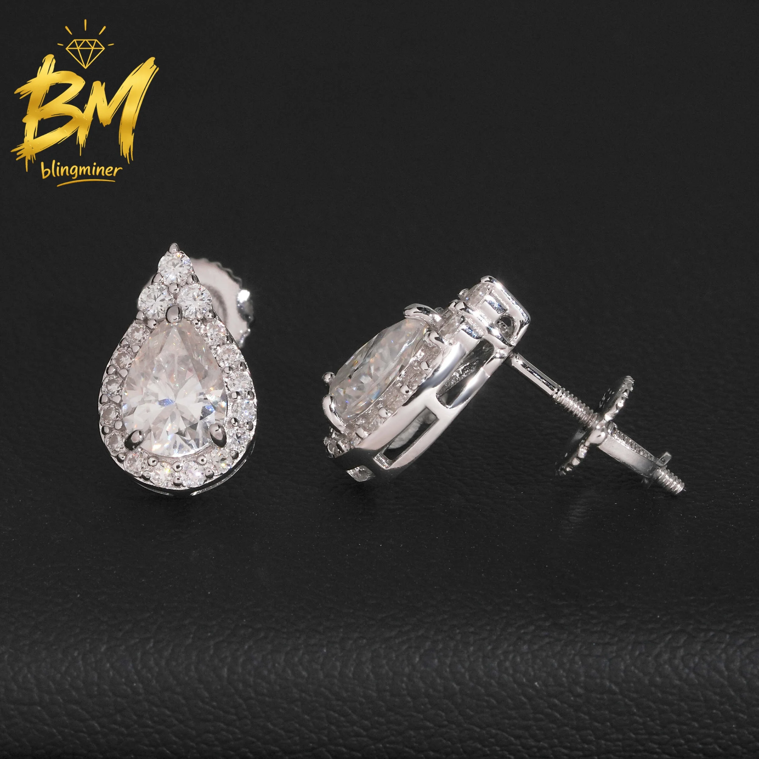 Blingminer Pear Cut Halo Design VVS Moissanite Earrings For Men Women S925 Silver Ear Studs Jewelry Pass Diamonds Tester GRA
