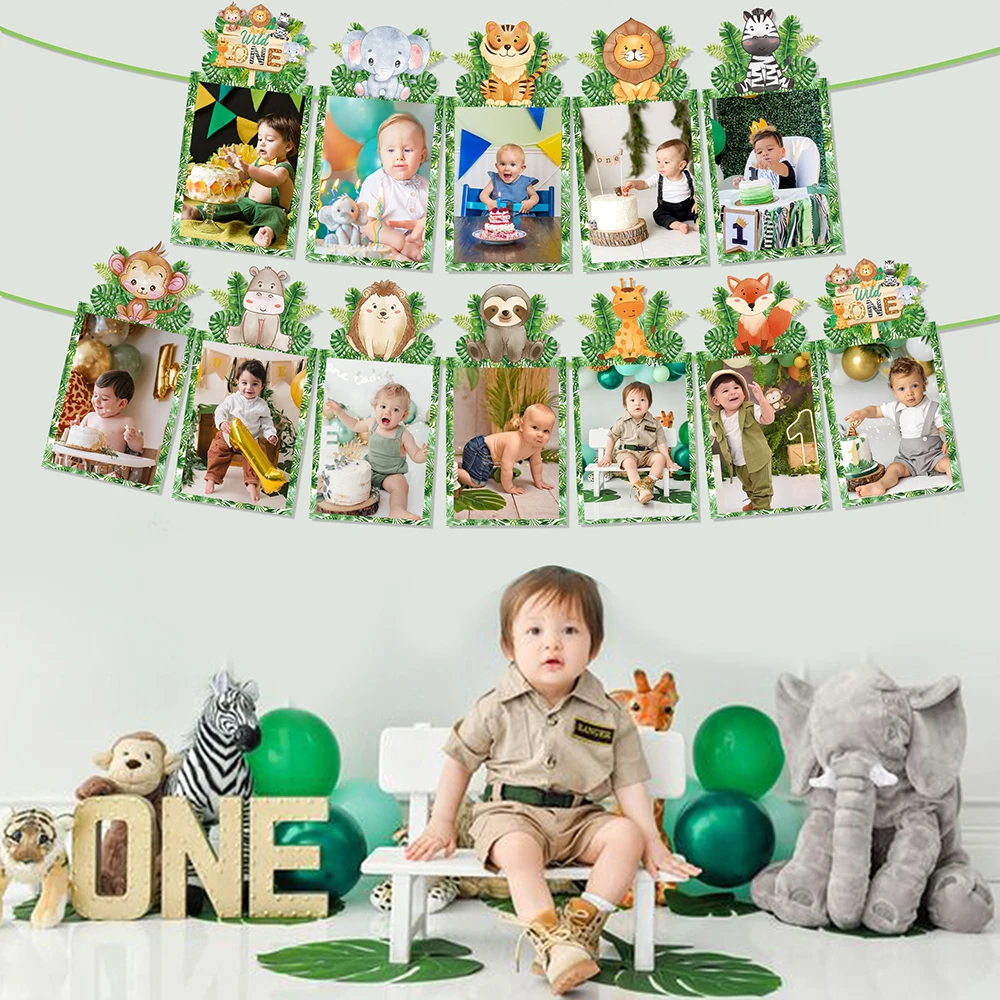 Jungle Animal Banner 12 Months Photo Clip Flag Baby First Birthday Party Garland Bunting Baby Shower Safari  Party Decoration