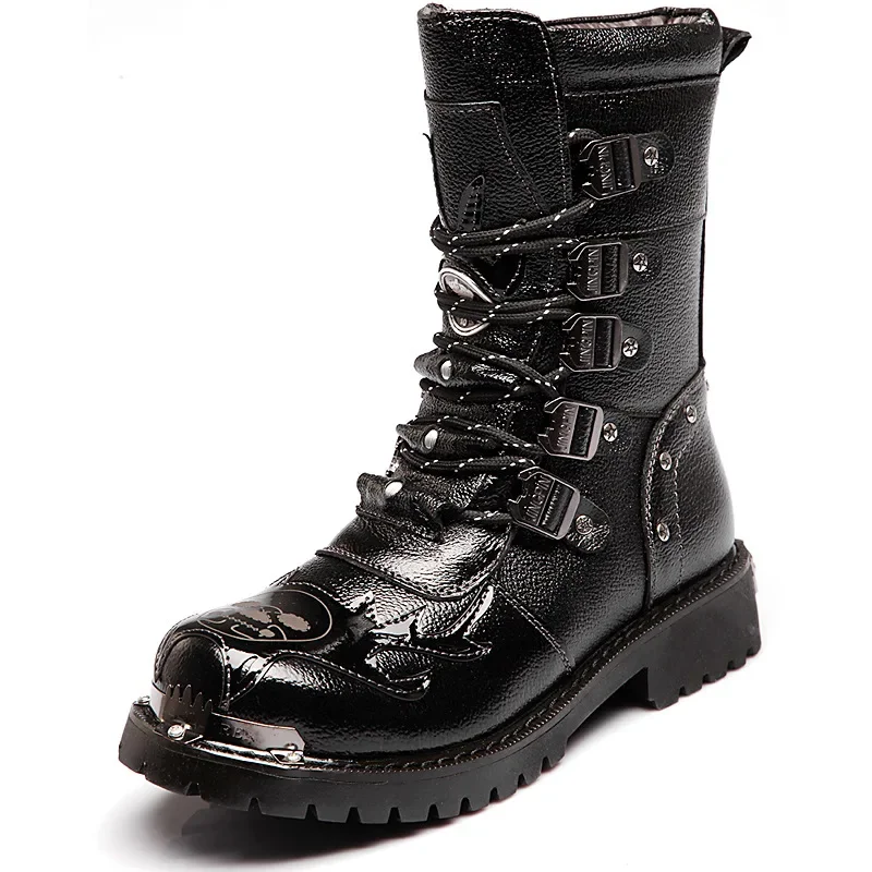 Winter Men Motorcycle Boots New Fashion Mid-Calf Punk Rock Punk Shoes Mens Genuine Leather Black High Top Mens Casual Boot 38-46