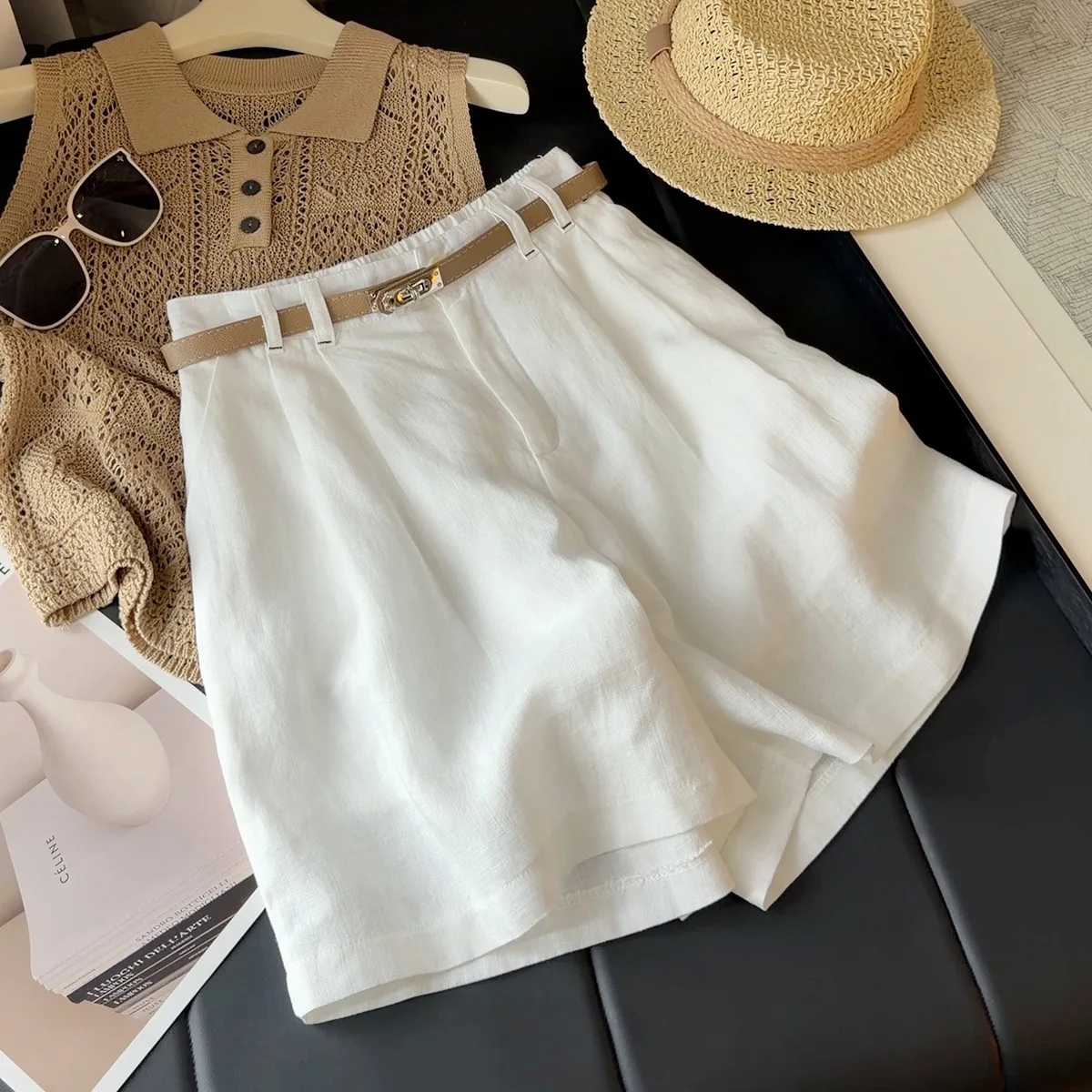 ALPHALMODA Cotton Linen, Wide-leg Shorts, for Women, Summer, Casual High-waist, Commuting, Versatile, Fashion A-line Shorts