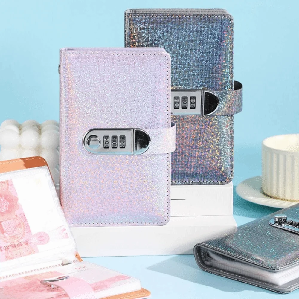 PU Leather Cover 100 Envelope Challenge Binder Waterproof Reusable Password Lock Saving Notebook Shiny Large Capacity