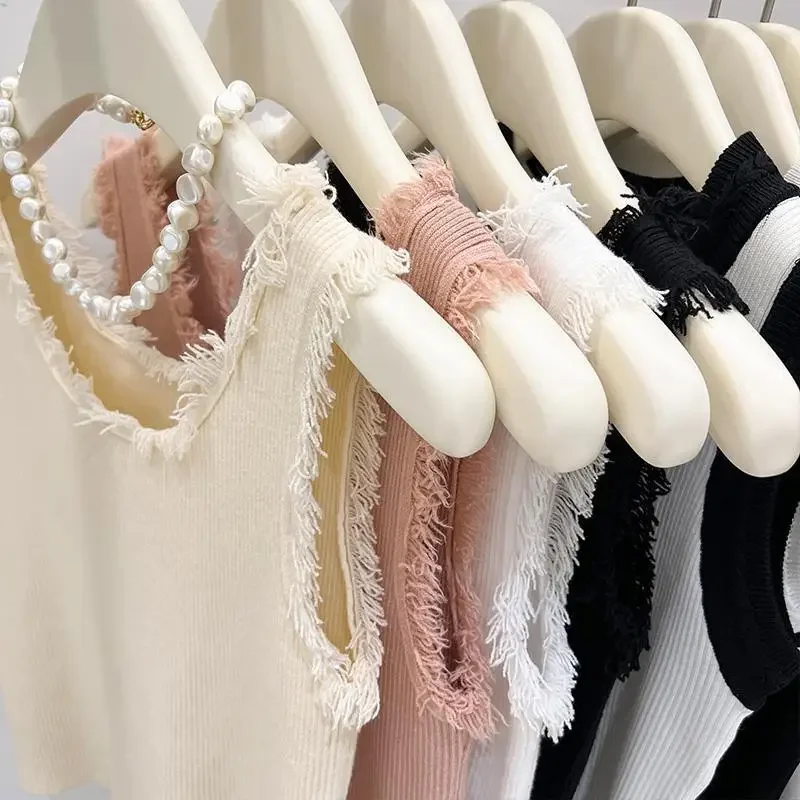 여름 여성 탱크탑 솔리드 니트 슬리브리스 태슬 U넥 아이시 실크 언더웨어 엘라스틱 슬림 여성 의류 조끼 2026