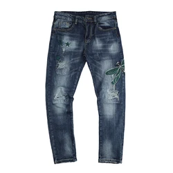 Libélula Buracos Bordados Gato Velho Bigodes Branco Lavado Jeans Stretch Pequenos Pés Dos Homens e das Mulheres Calças jeans dos homens y2k