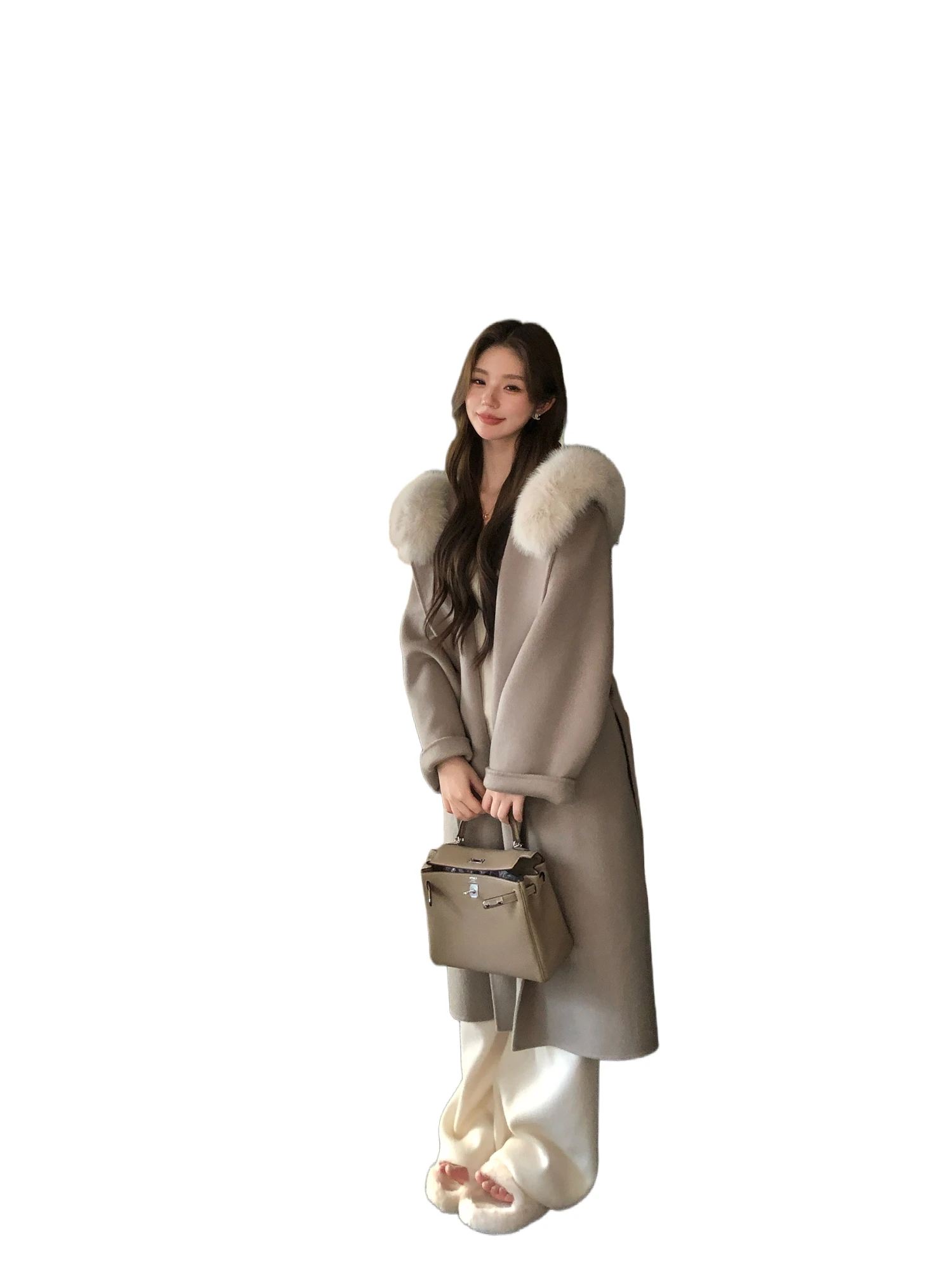 The new autumn and winter wool and woolen coat with a high-end feel after the snow clears. 2025 Women's fox fur collar double-si