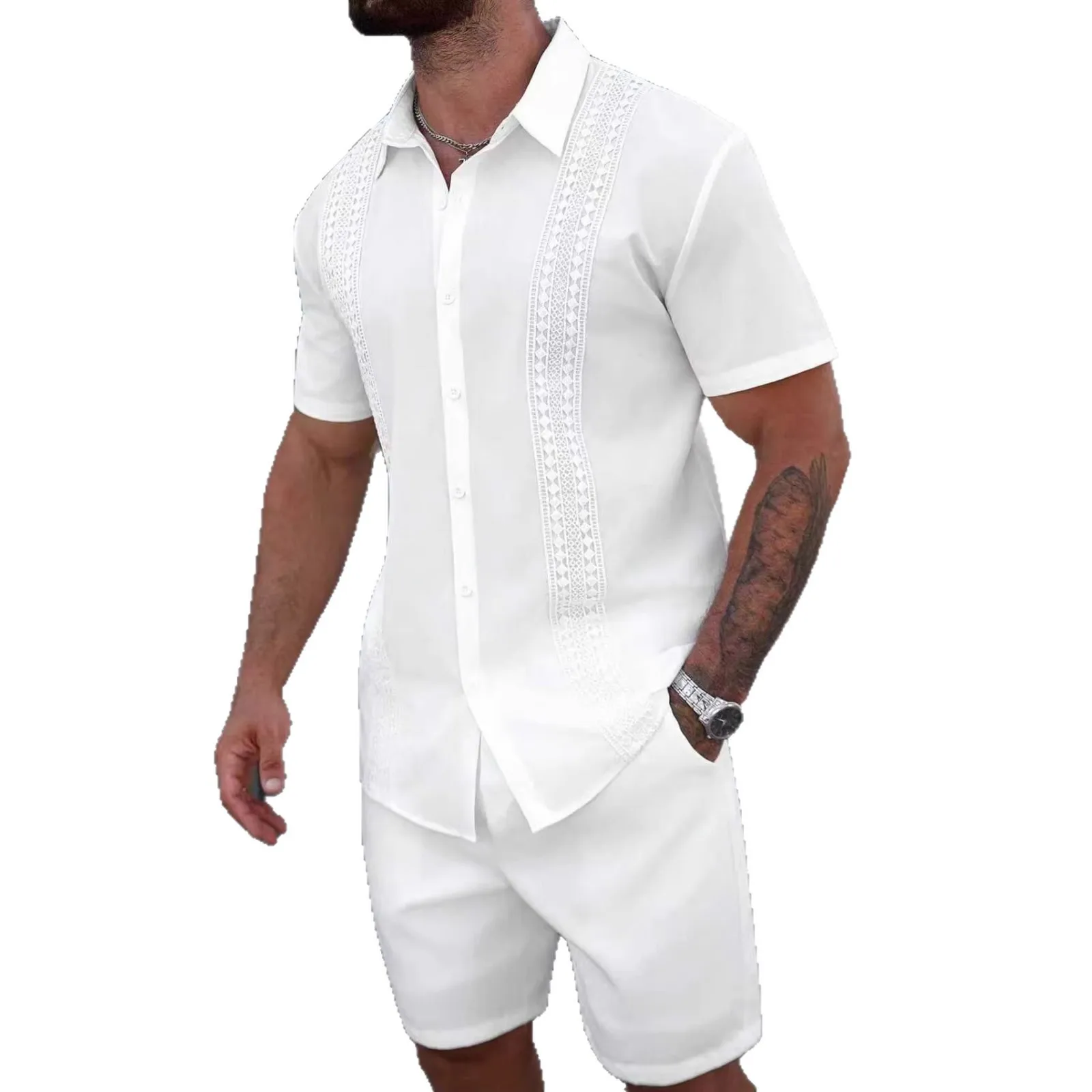 

Casual Summer Short Sleeve Shirt Men's Fashion Pure Color Light Maturity Style Lightweight Polyester Beachwear Shirt