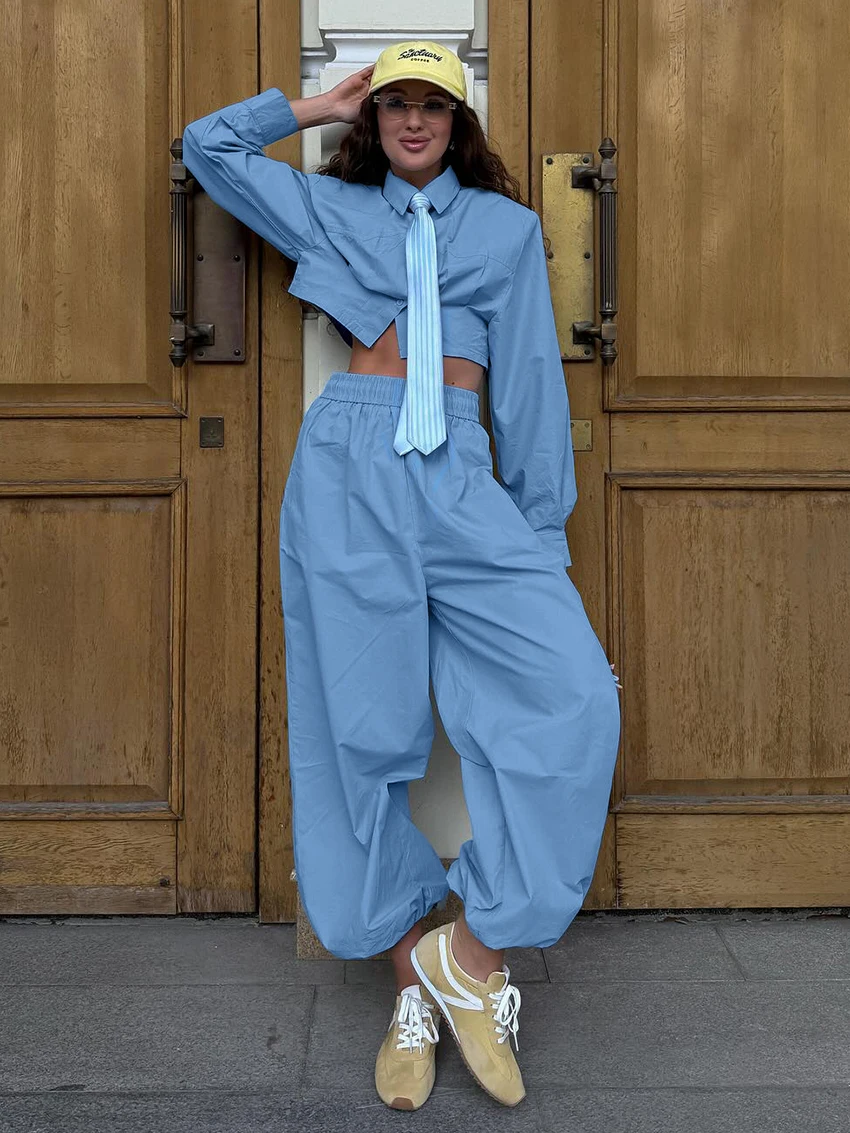 

Marthaqiqi Fashion Ladies Sleepwear Set Sexy Crop Top Pajama Long Sleeve Nightwear Turn-Down Collar Nightie Pants Nightgown Suit