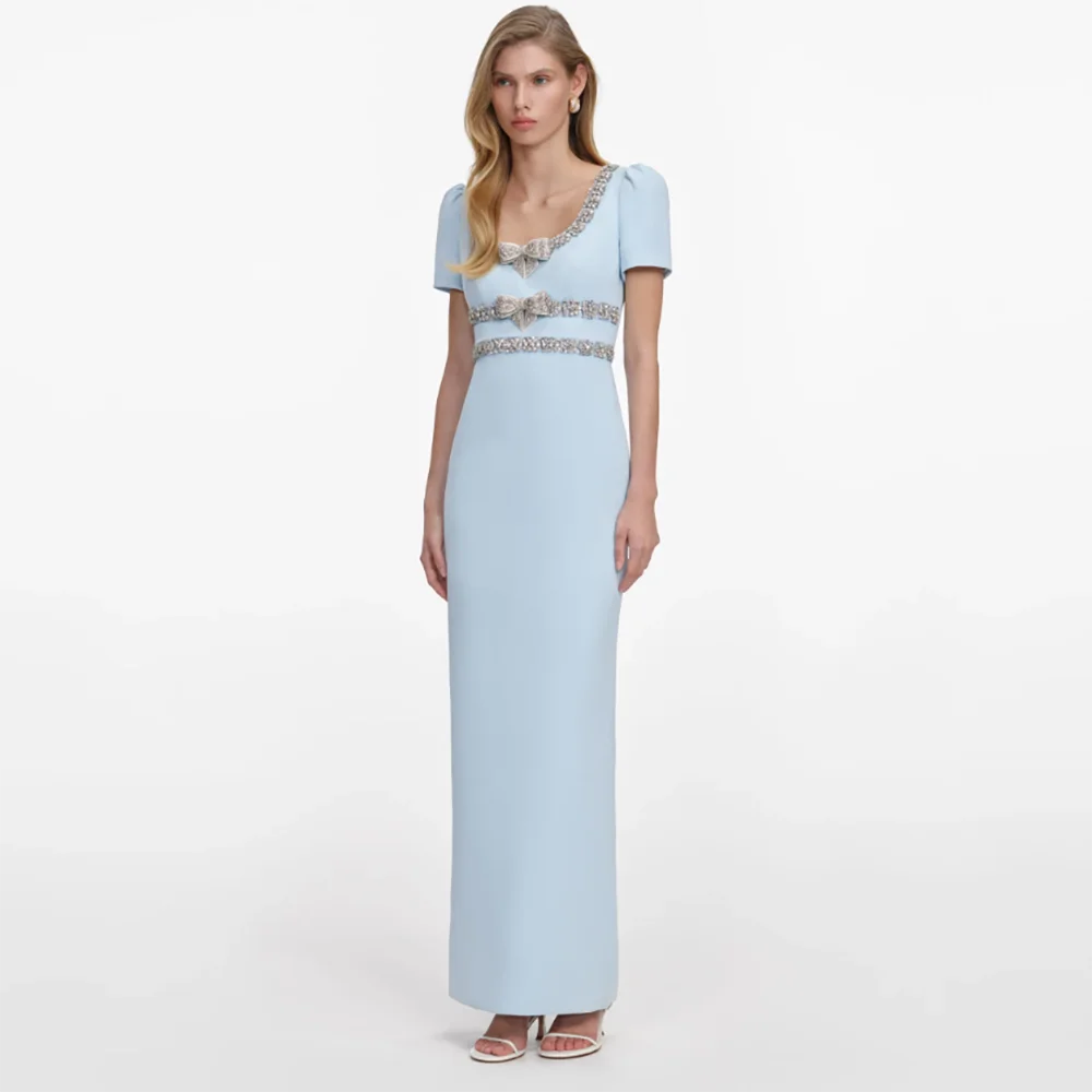 Pale Blue Scoop Collar Short Sleeve Evening Dress Fashion Crystal Bow Straight Ankle Length Prom Gown Party Dress Customized image 2