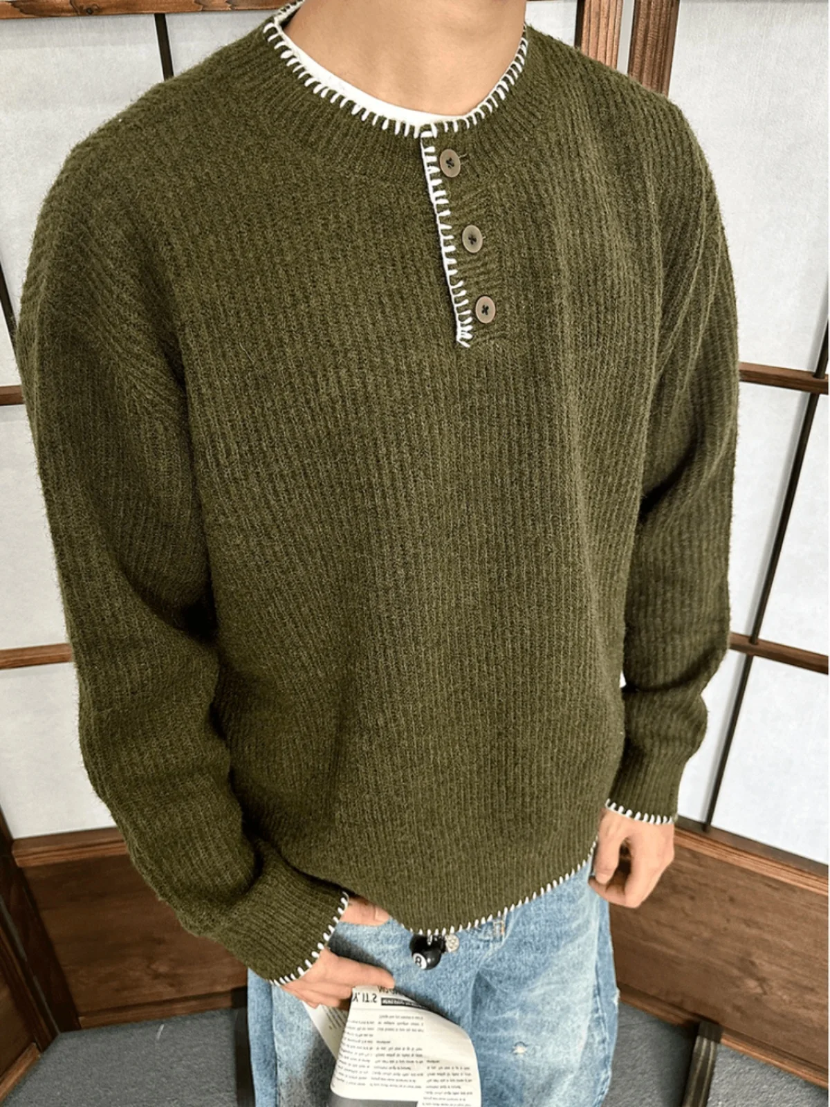 

Винтажный японский мужской свитер свободного кроя с воротником хенли, осенне-зимний, модный, городской, однотонный