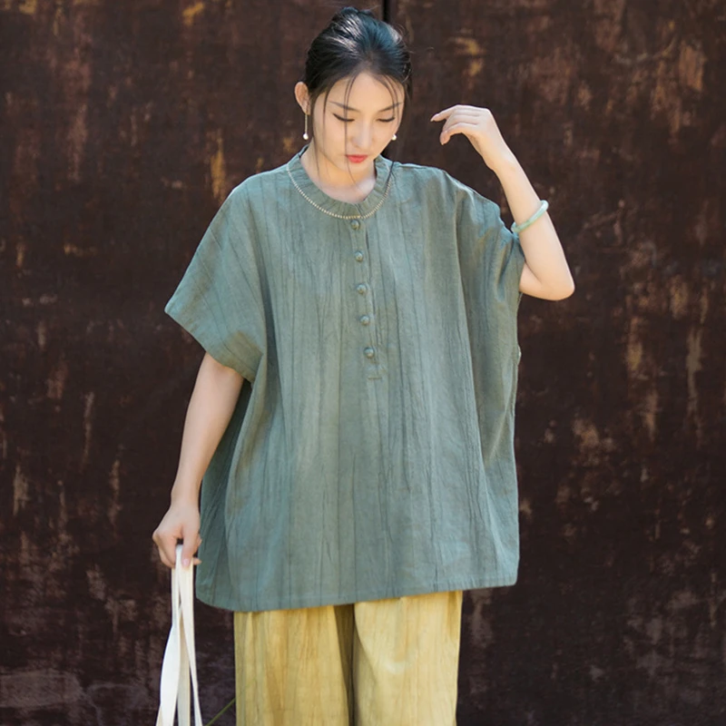 Oversized Women Cotton Linen Casual T-shirts New Arrival 2026 Summer Vintage Stand Collar Tie Dye Loose Female Tops Tees M2848