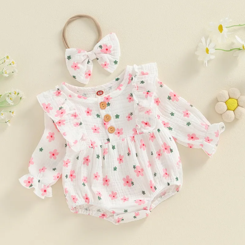 Newborn Baby Girl Bodysuit Outfit Autumn Clothes Long Sleeve Crew Neck Floral Romper with Hairband Fall Clothing