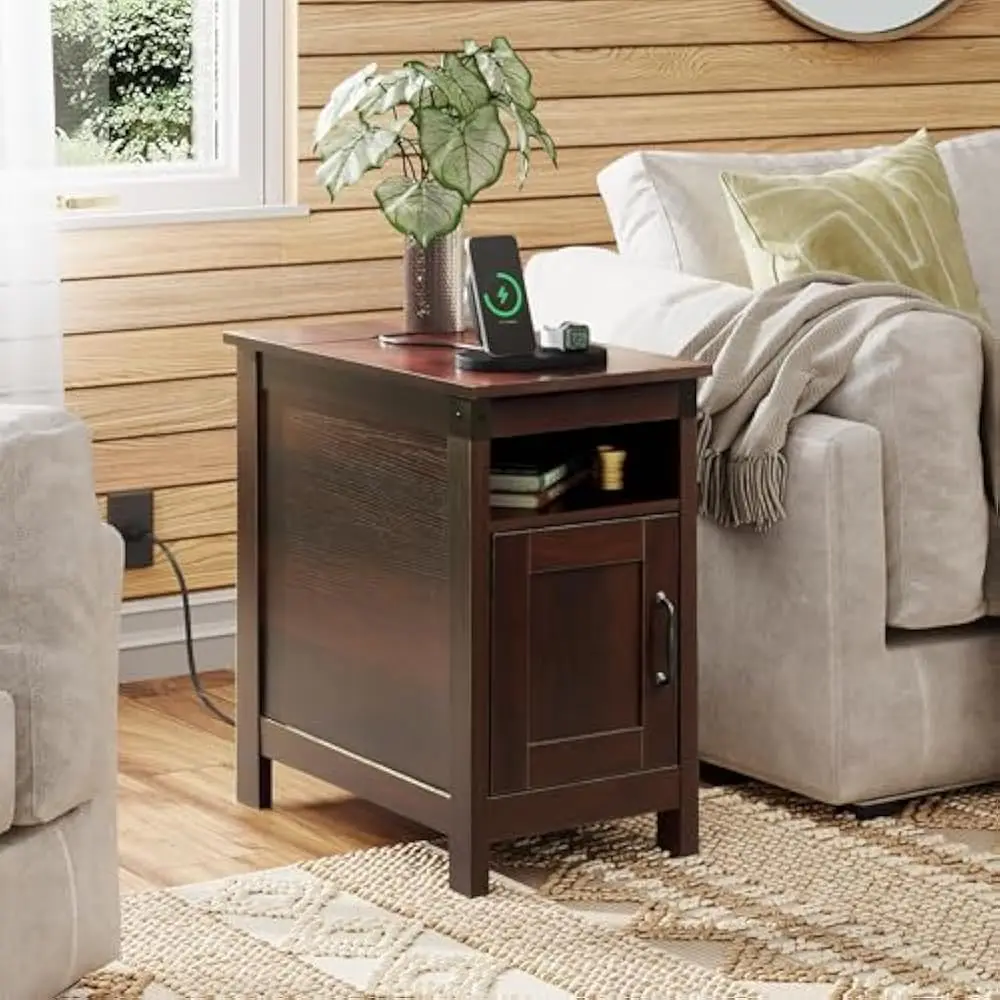 

AEnd Table with Charging Station, Night Stand with Storage, Small Wooden Cabinet with USB Ports & Outlets