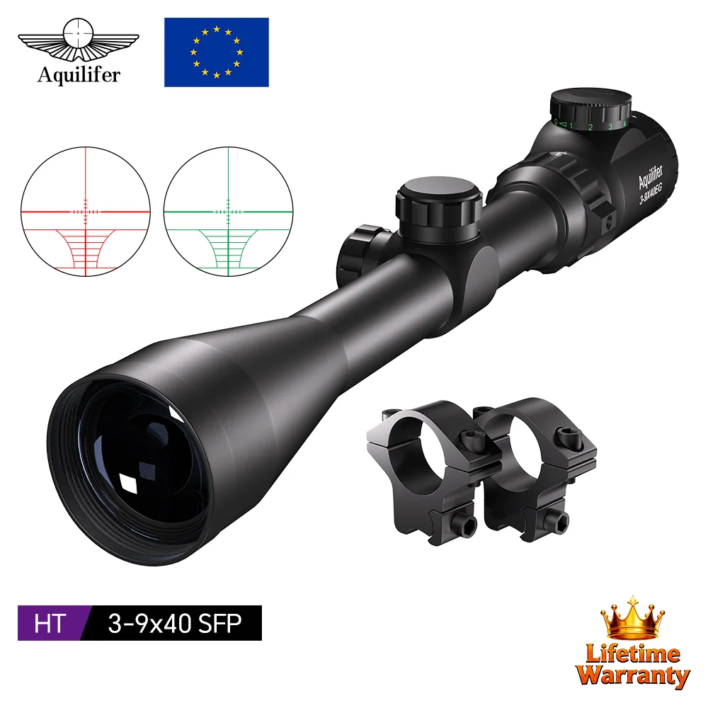 Aquilifer 3-9X40 Mira de Caza Rifle 22LR Mira SFP Iluminación Roja Verde Lente Totalmente Recubierta Aire Libre Entrenamiento Competencia