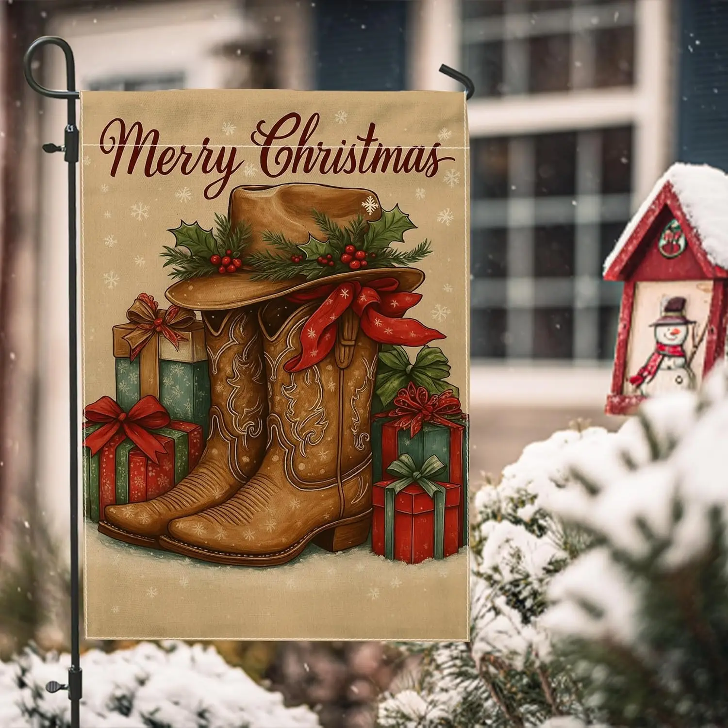 Cowboy Boots Garden Flag, Christmas Rustic Xmas Gifts Hat Brown Burlap Double Sided Small Garden Yard Flag for Outdoor Patio GGX