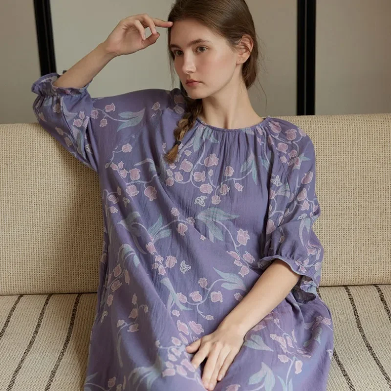 Cotton Purple Flower Print Nightgowns Round Neck Three-quarter Night Dress Women Lotus Leaf Cuffs Lazy Long Sleepshirts