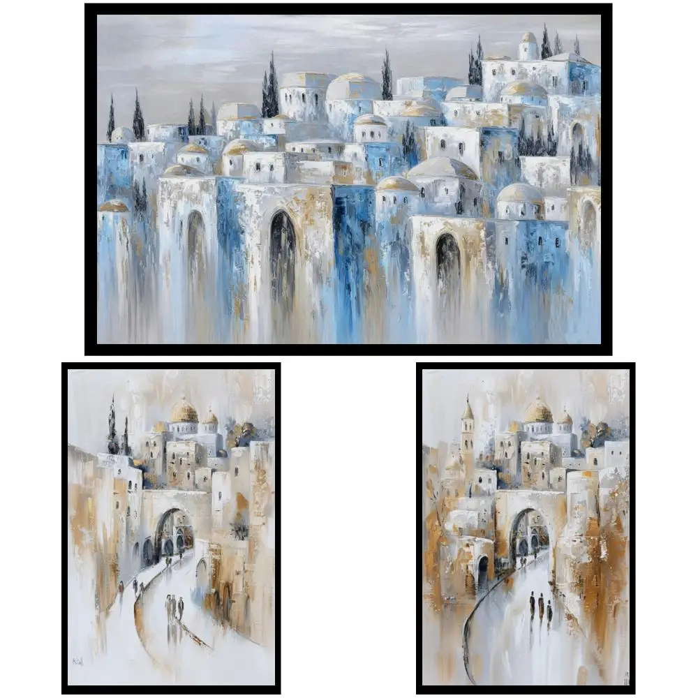 Oversized Canvas Wall Art Jerusalem Old City Beige Blue Arch Crowd HD Spraying Painting Modern Jewish Living Dining Room Decor
