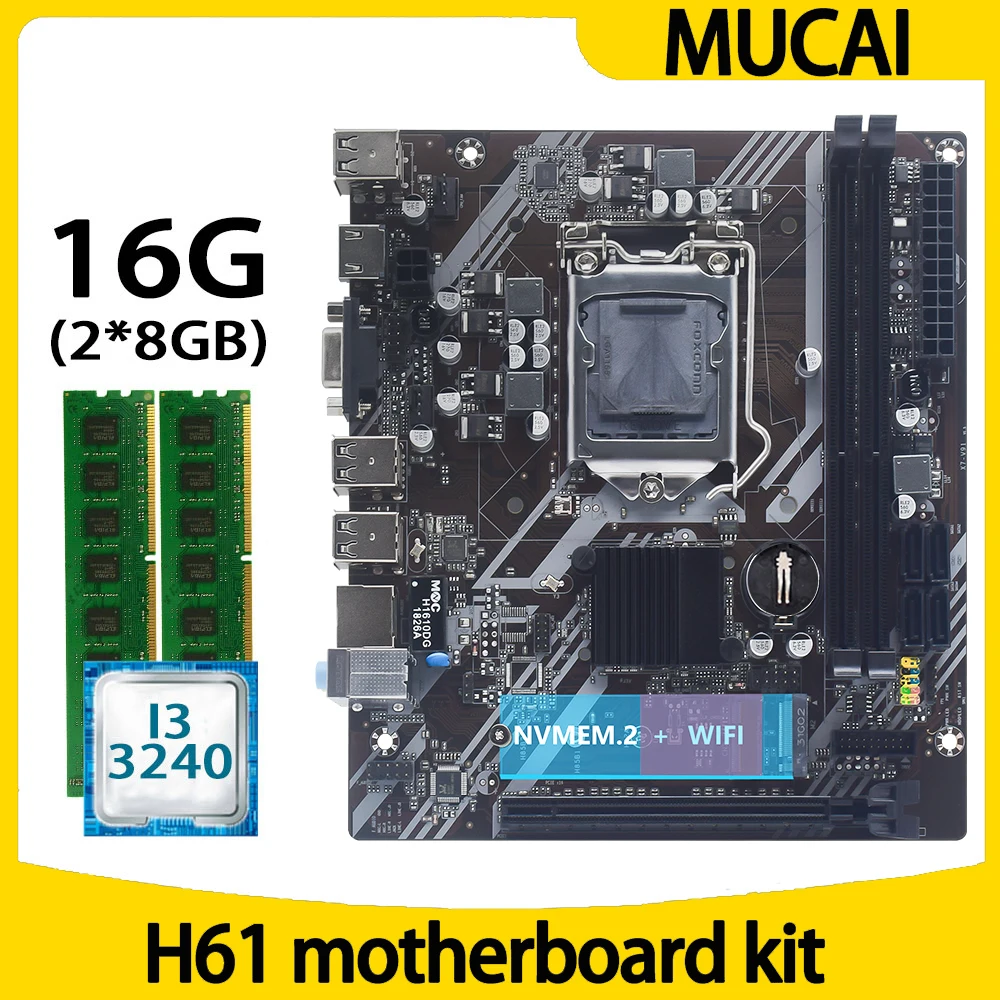 MUCAI H61 Motherboard LGA 1155 Kit Set With Intel Core i3 3240 CPU Processor And DDR3 16GB(2*8GB) 1600MHZ RAM Memory