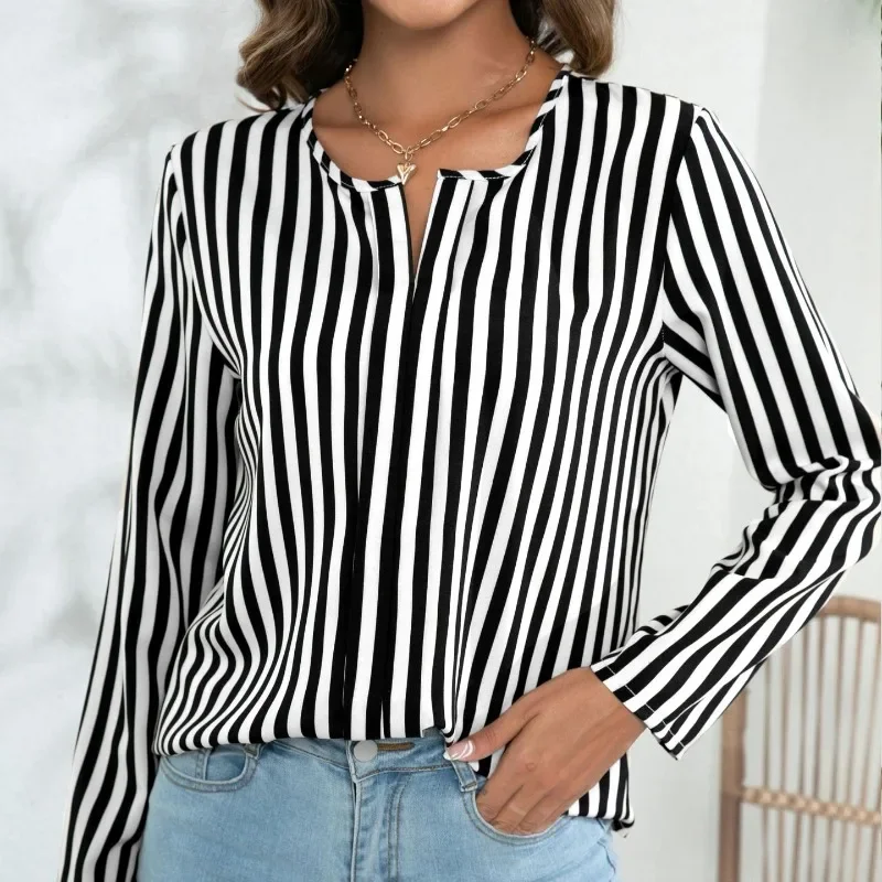 

Spring and Autumn Women's Pullover Round Neck Printing Stripe Slim Fit Loose Fashion Casual Elegant Commuter Long Sleeve Tops