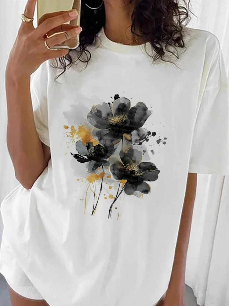 

Clothing Printing Casual Summer T-Shirt Women's Fashionable Watercolor Painting 90s Summer Short Sleeved Flower Pattern Trend T-