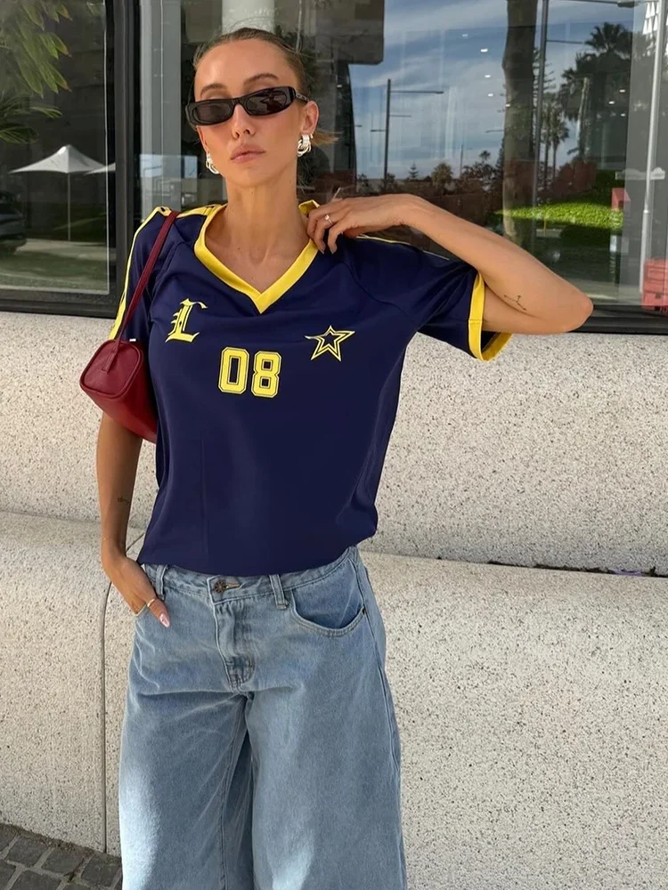 2024 New Summer Casual Letter Print T-Shirt Women Patchwork V-Neck Shorts Sleeve Football Jersey Y2K Loose Tops Streetwear