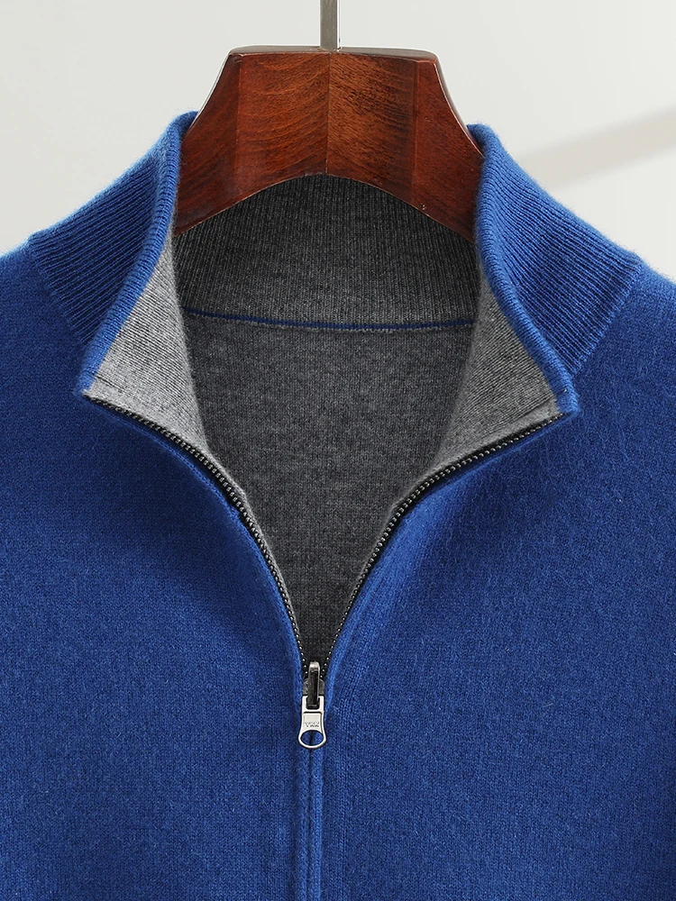 100% Merino Cashmere Men's Zipper Cardigan Stand Up Collar Casual Fashion Double-sided Autumn Winter Sweater