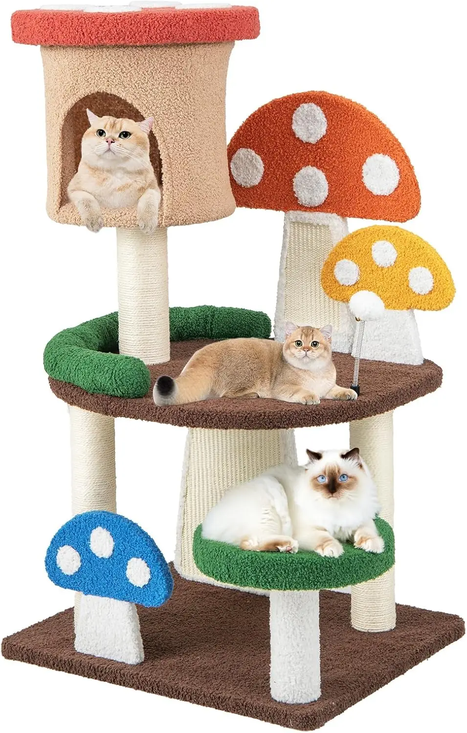 

Mushroom Cat Tree, Cute Cat Tower with Full-Wrapped Sisal Post, Scratching Board & Spring Ball, Cat Condo