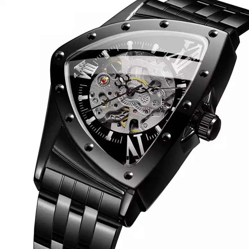 Features Hollow Triangular Mechanical Watches Stainless Steel Men's Wristwatches Fashion Brand Men Clock Male Dropshipping!!!
