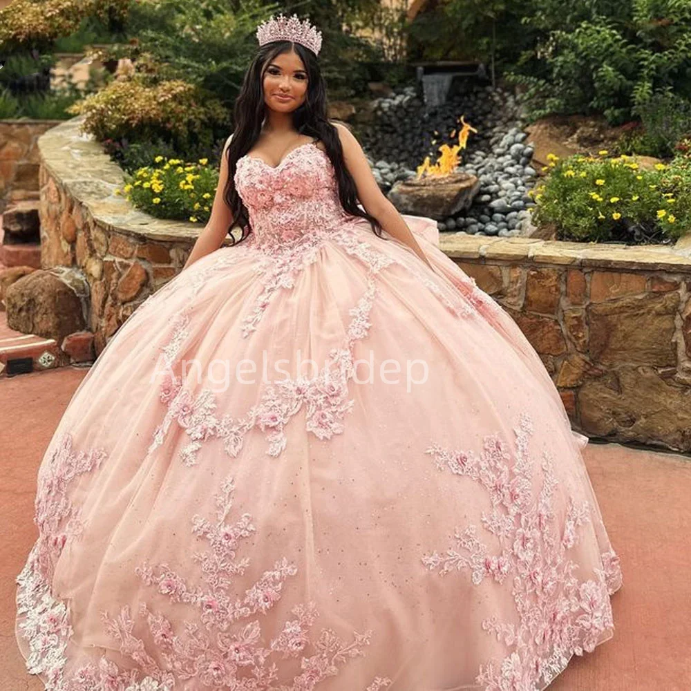 Angelsbride Sleeveless Pink Lace Ball Gown 15 Year Old Quinceanera Dresses With Bow Brithday Party  Vestidos De 15 Años