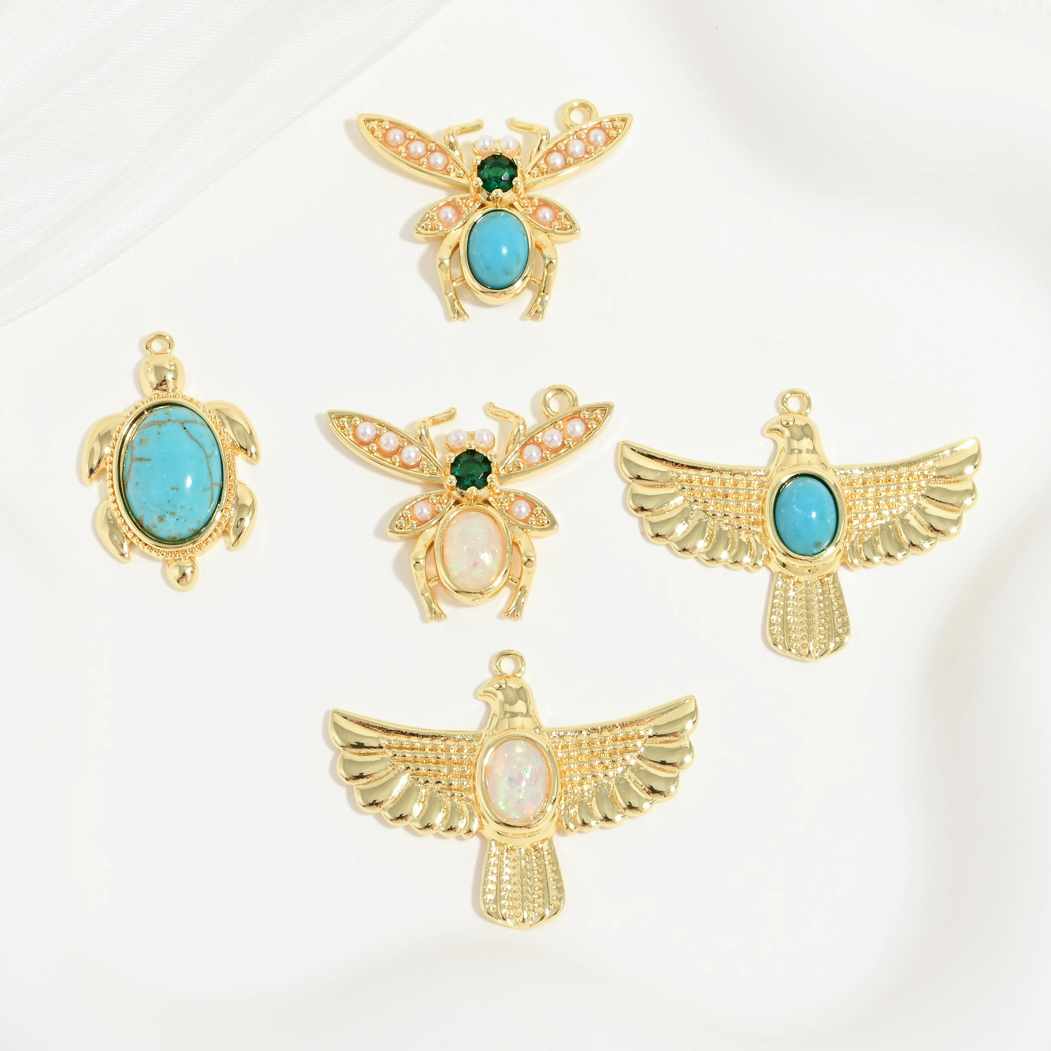 Bee Turtle Eagle Bird Charms CZ Turquoise Opal Pearl 18K Gold Plated Pendants for DIY Jewelry Supplies:VD2458-VD2460