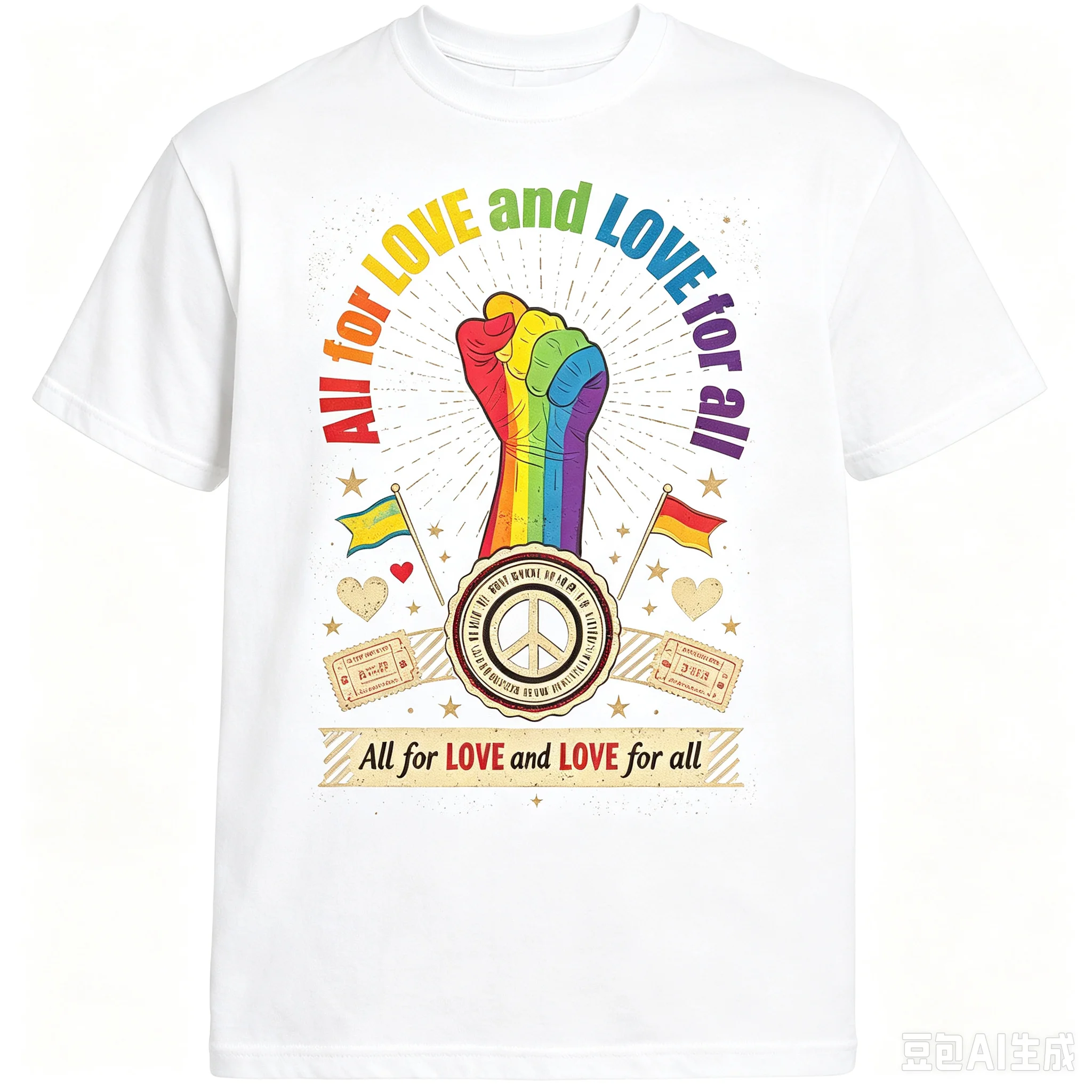 Men All For Love And Love For All Graphic T‑Shirt Rainbow Fist Peace Sign Retro Badge Crew Neck Short Sleeve Tee