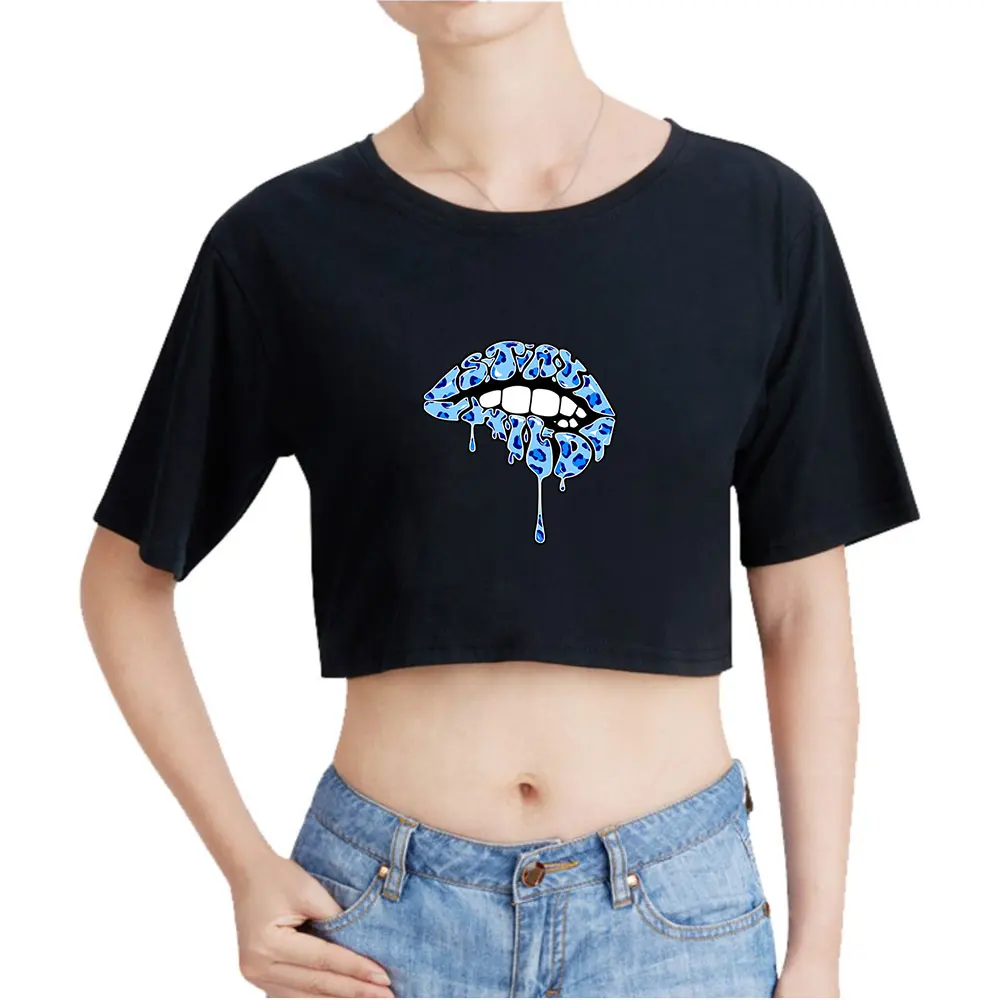 Ben Azelart Stay Wild Lip Vintage 90s Crop Top Exposed Navel Funny T-Shirt Oversize O-Neck Tops Tshirt Top Women