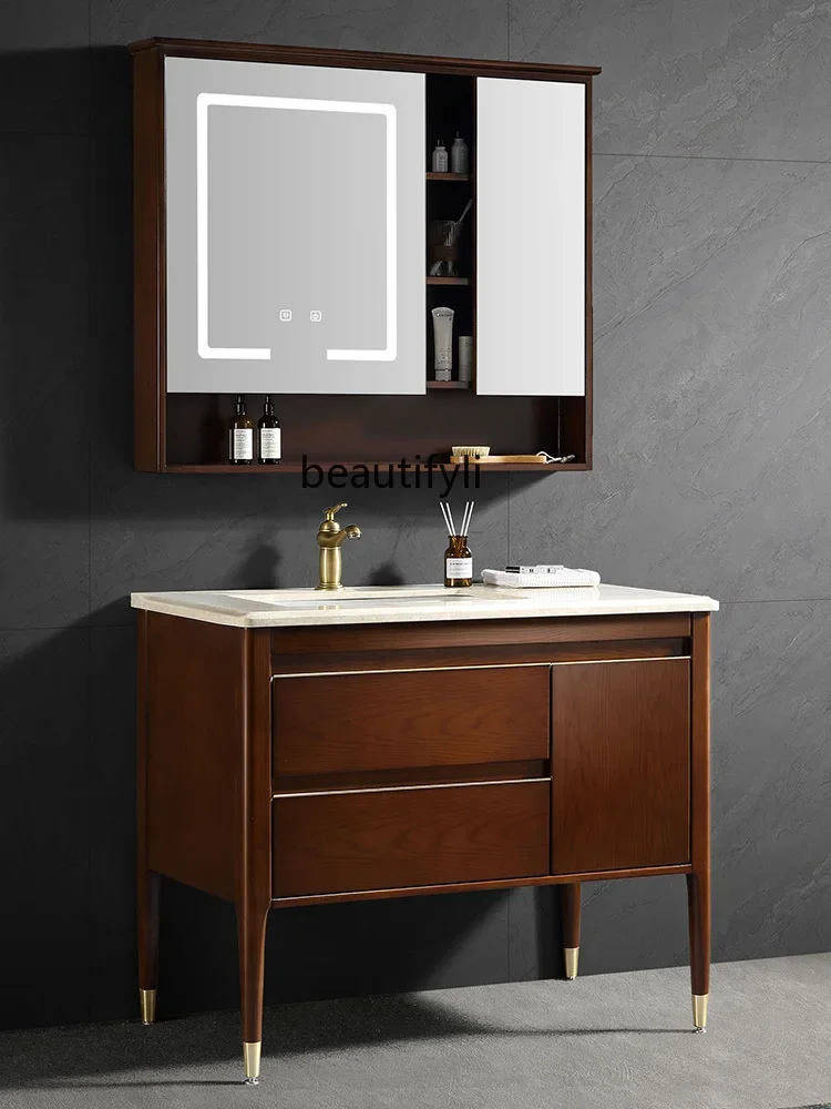 Chinese Style Bathroom Hand Washing Washbasin Cabinet Combination Natural Marble Countertop Smart Mirror Cabinet Large Basin