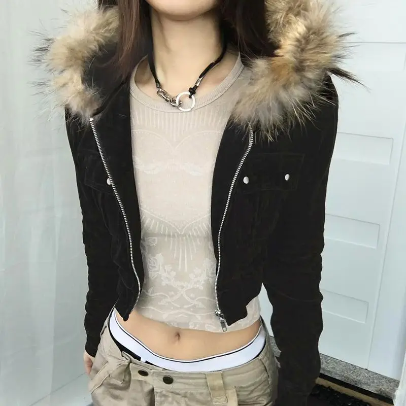 Cropped Trendy Velvet Pocket Cargo Jacket, High-waisted Skinny Hottie Fur Hooded Sweatshirt