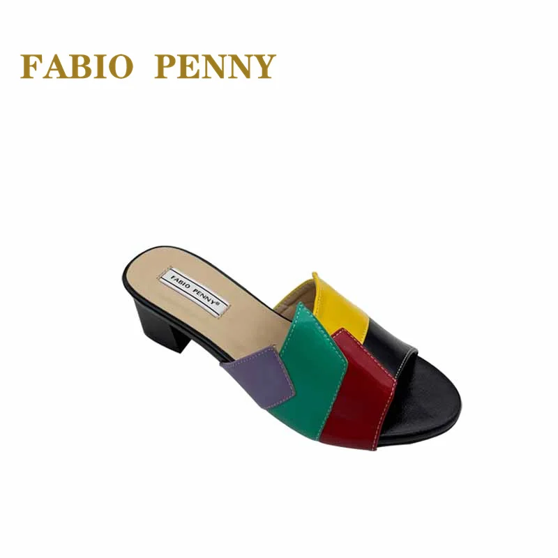 FABIO PENNY African Mom\'s nowe letnie, wielokolorowe, patchworkowe kapcie damskie na średnim obcasie