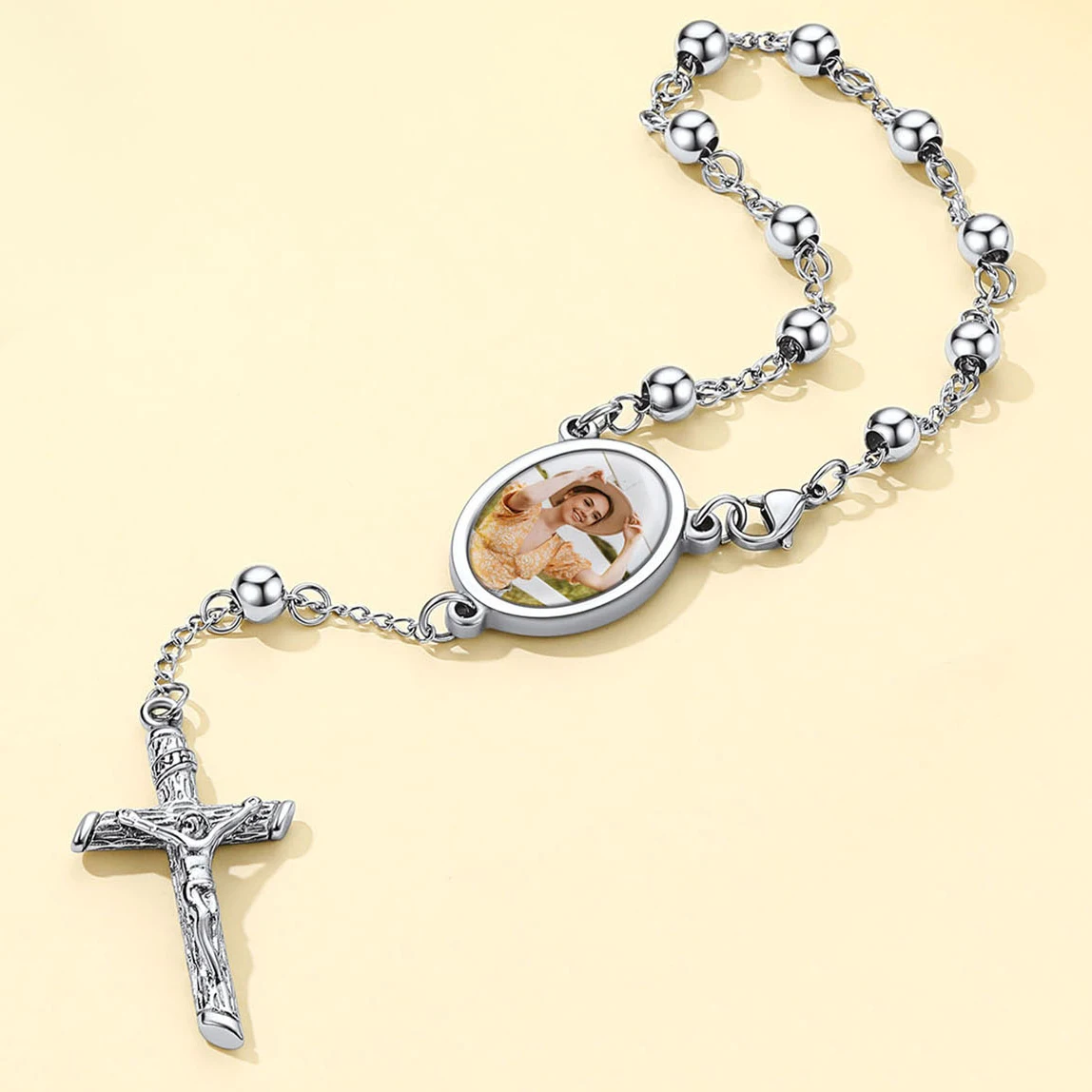 

U7 Custom Photo Prayer Cross Rosary Bracelets for Woman Metal & Pine Wood Beads Bracelet Religious Catholic Unisex Jewelry Gift