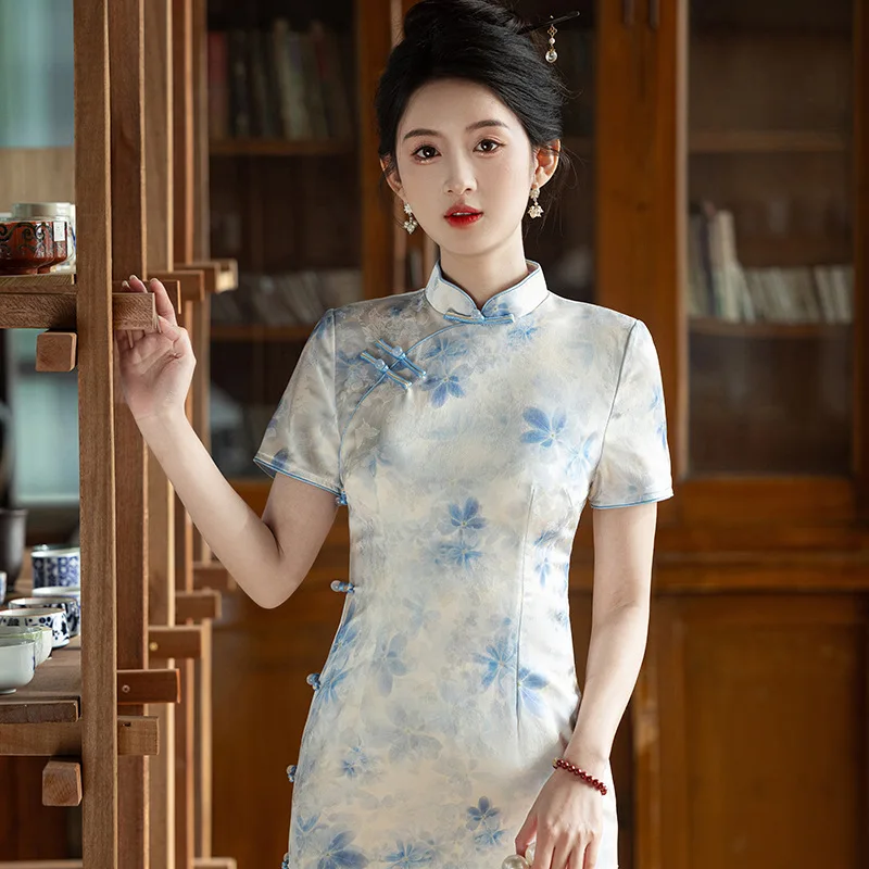 Yourqipao Summer Chinese Style Modified Cheongsam High-end Elegant Print Long Retro Daily Qipao Girls Evening Dress for Women