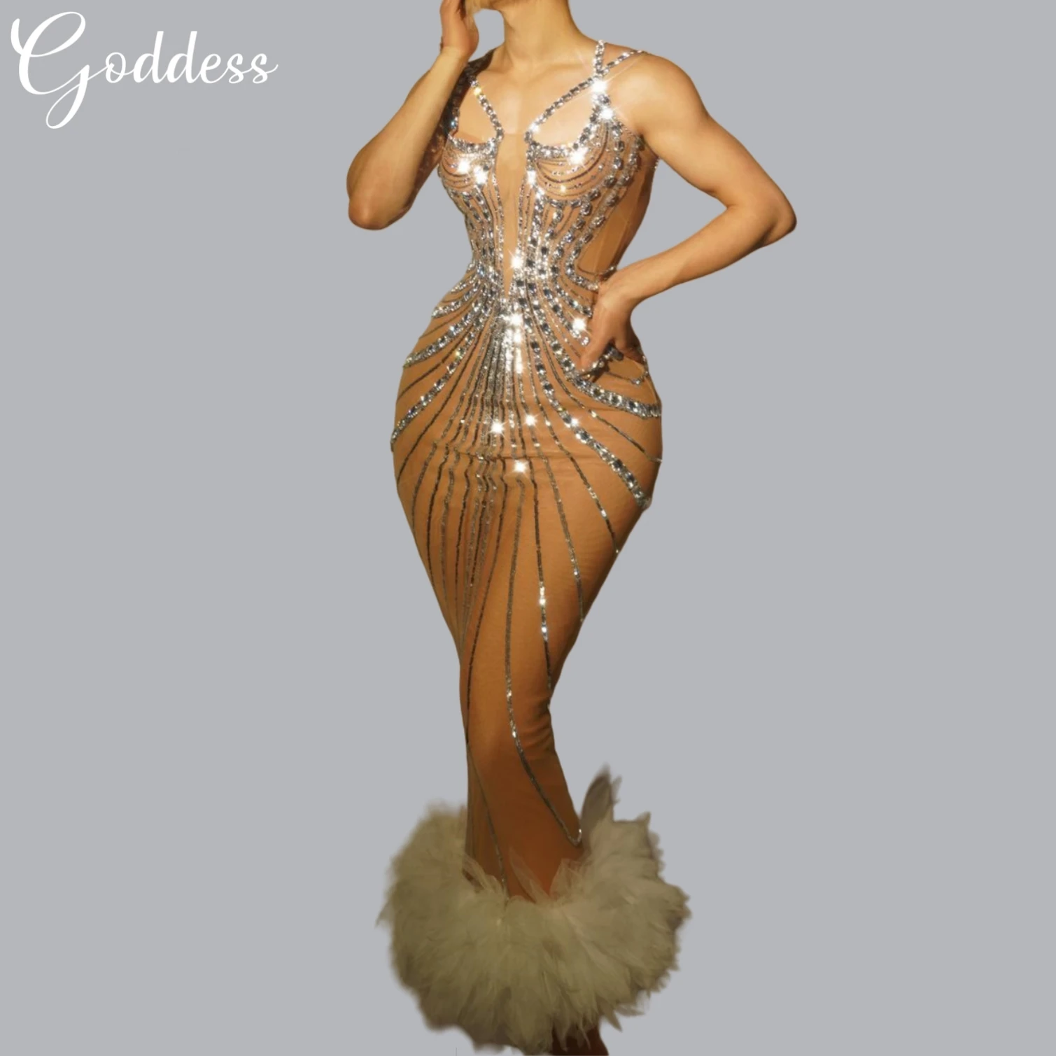 Sparkly Rhinestone Dress Cocktail Prom Evening Gown Sheer Mesh Bodycon Fishtail Dress Club Carnival Costume Celebraty Dresses