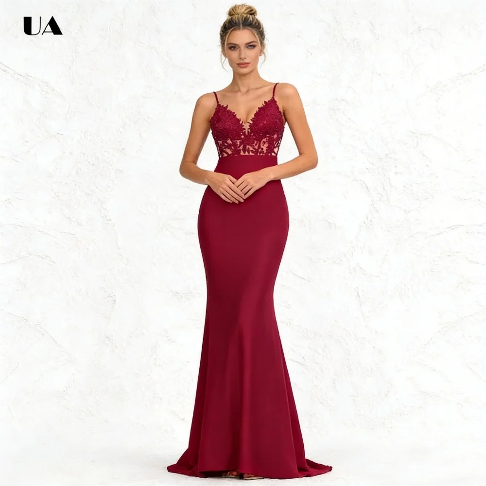 

Elegant Mermaid Prom Dress with Spaghetti Straps Solid Sweetheart Neck Evening Dress with Lace Appliques Customized Party Gown