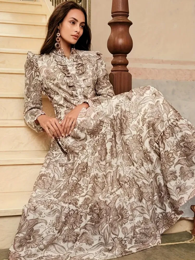 Spring Autumn Fashion Print Retro Party Dresses Women Sexy Single Breasted Lapel Shirt Dress Casual Long Sleeve Boho Dress