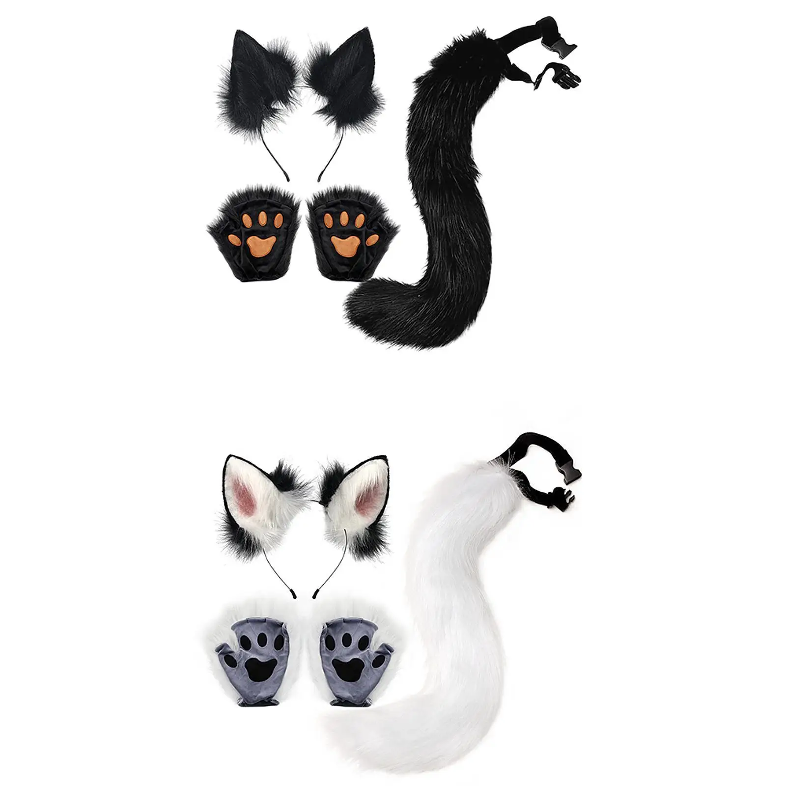 Fox Ears Tail and Paws Set Headwear Halloween Fox Costume for Role Play Holiday Carnival Graduation Ceremony Stage Performance