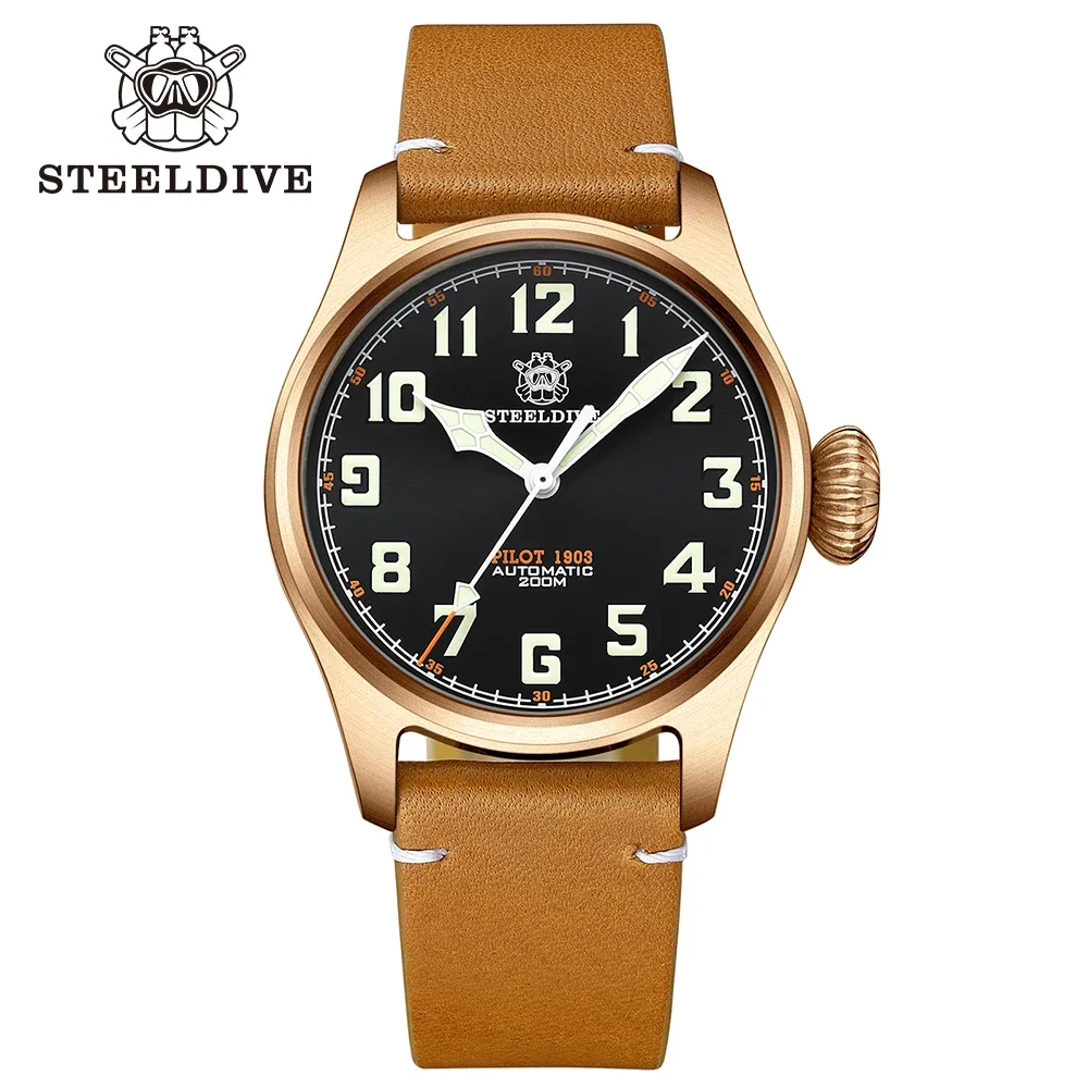 

STEELDIVE SD1928SV39MM Solid Bronze Case Super Luminous Black Dial Leather Strap 200M Waterproof NH35 Dive Watches Pilot for Men