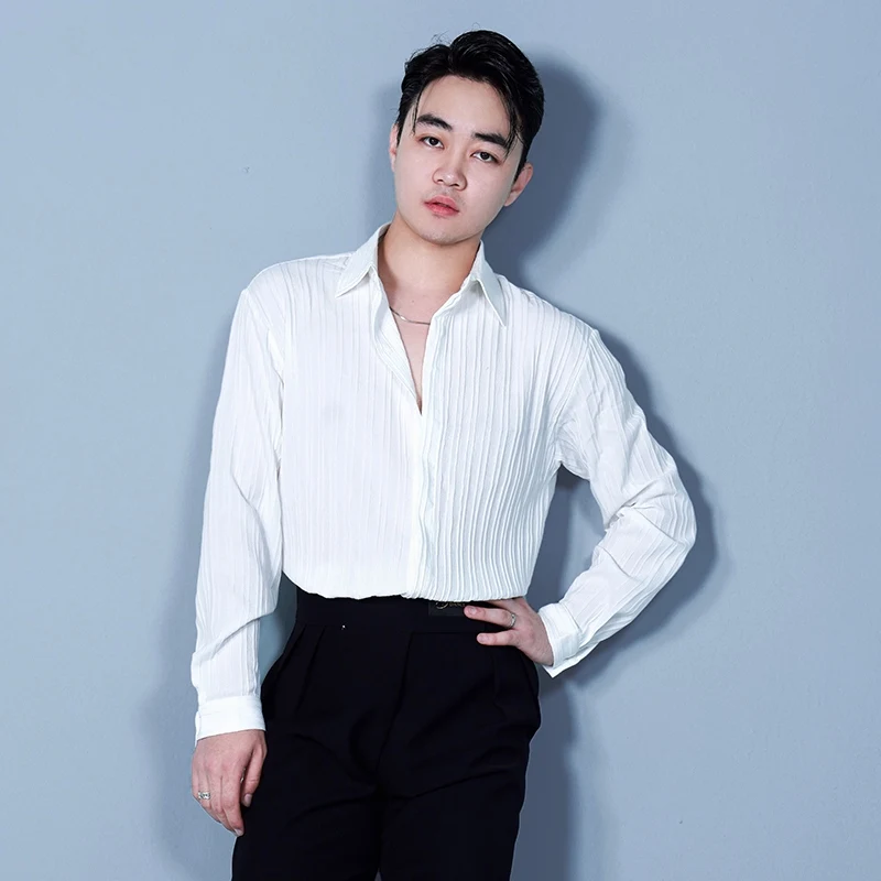 Camisa de baile latino para hombre, ropa de entrenamiento de salón, Top de baile transpirable para adultos, traje de escenario de baile de Tango Samba VBH1019, 2024