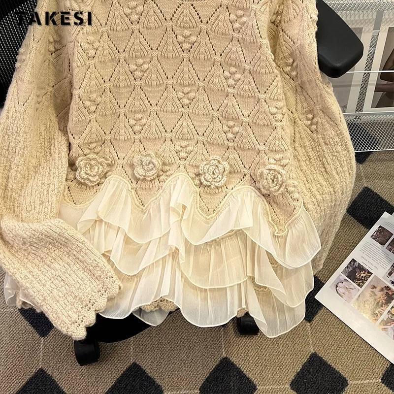 Women\'s Vintage Elegant Knitting Long Sleeve Lace Pullovers 2023 Autumn Winter Round Neck Patchwork Ladies Loose Sweater Top