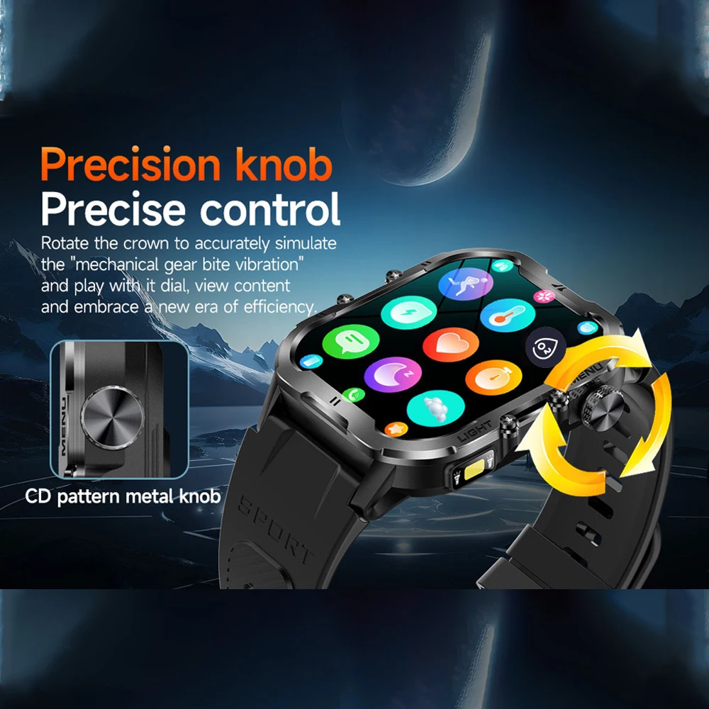 New Men Outdoor Flashlight Sports Smart Watch Health Body Temperature Monitor Smartwatch Blue Tooth Call Anti Fall 1.96" Screen