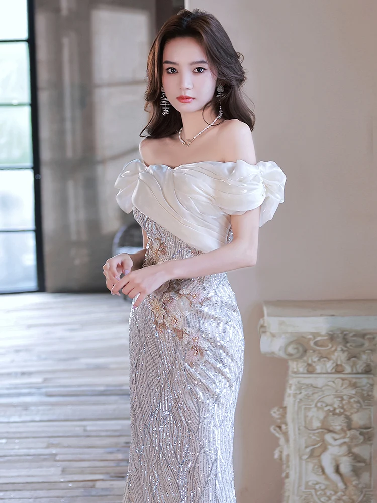 Off Shoulder Evening Dress Women Temperament Sequins Light Luxury Sexy Party Vestidos Celebrity Banquet Shiny Fishtail Dresses