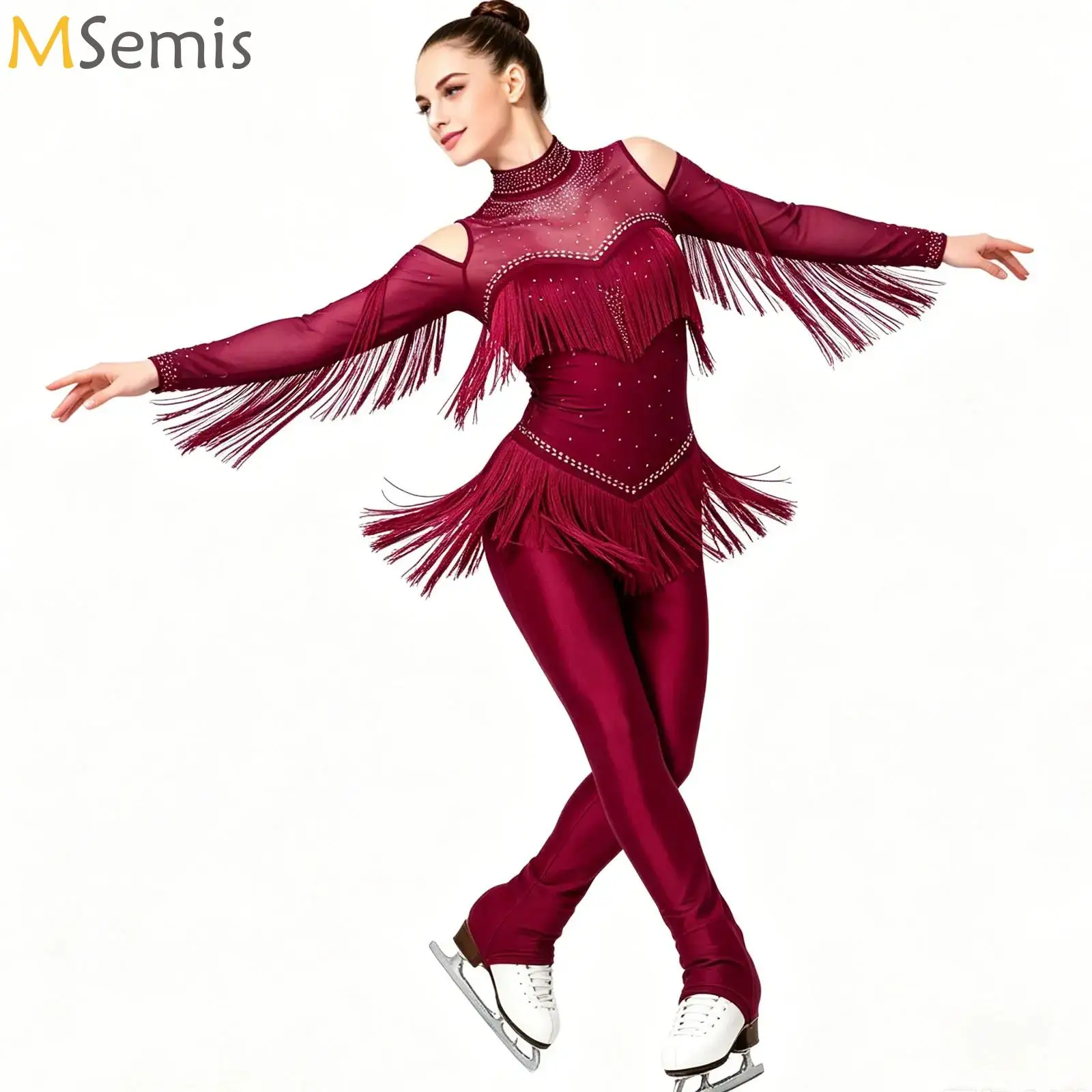 

Women Figure Skating Glitter Rhinestone Jumpsuit Cold Shoulder Tiered Tassel Leggings One-piece Rompers Bodysuit for Gymnastics
